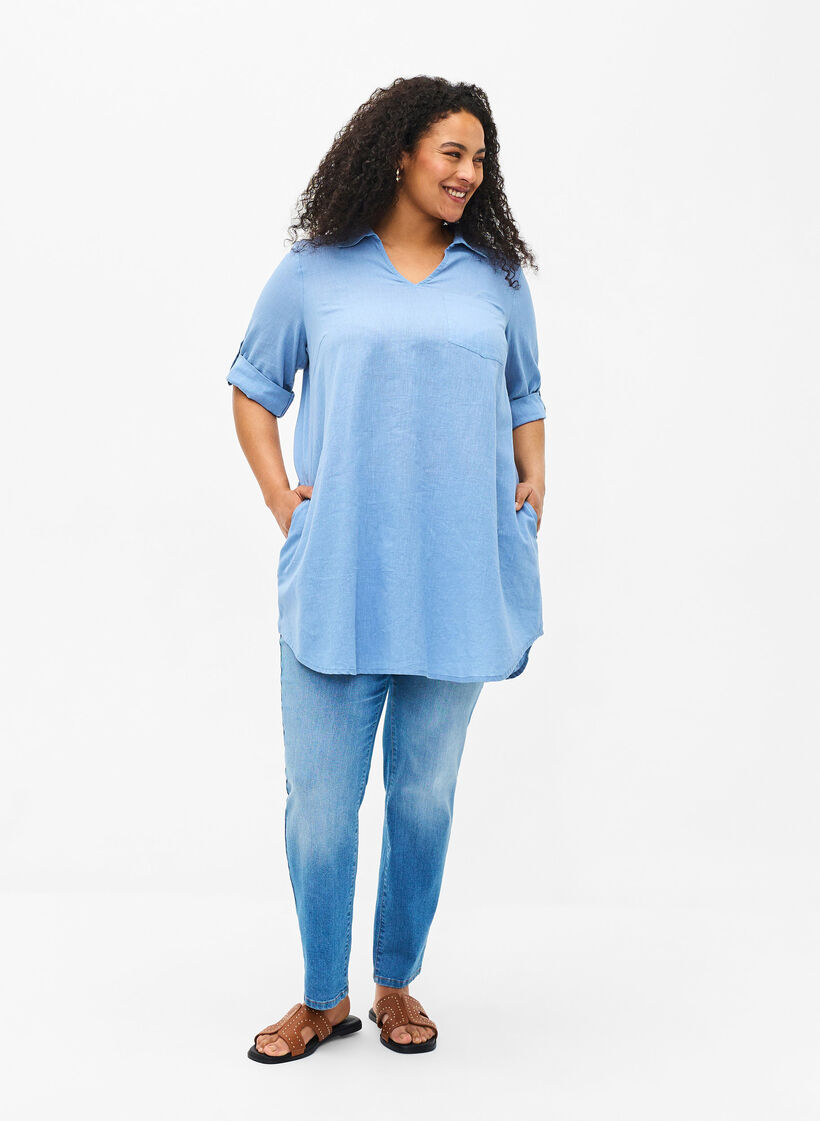 Tuniek van katoenmix met korte mouwen en linnen, Faded Denim, Model image number 2