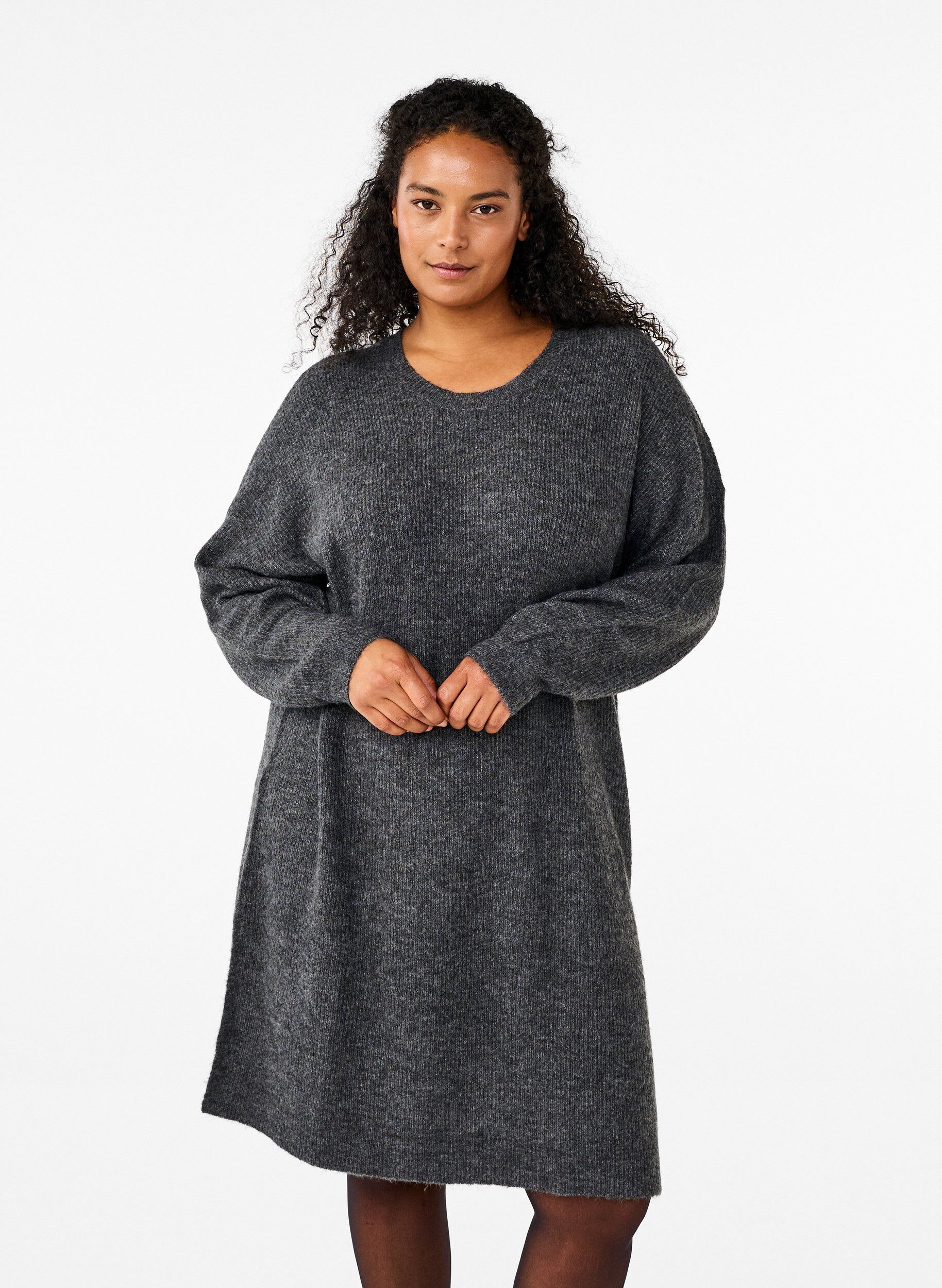 Zizzi Gebreide jurk met lange mouwen, Dark Grey Black Mel., Model image number 0