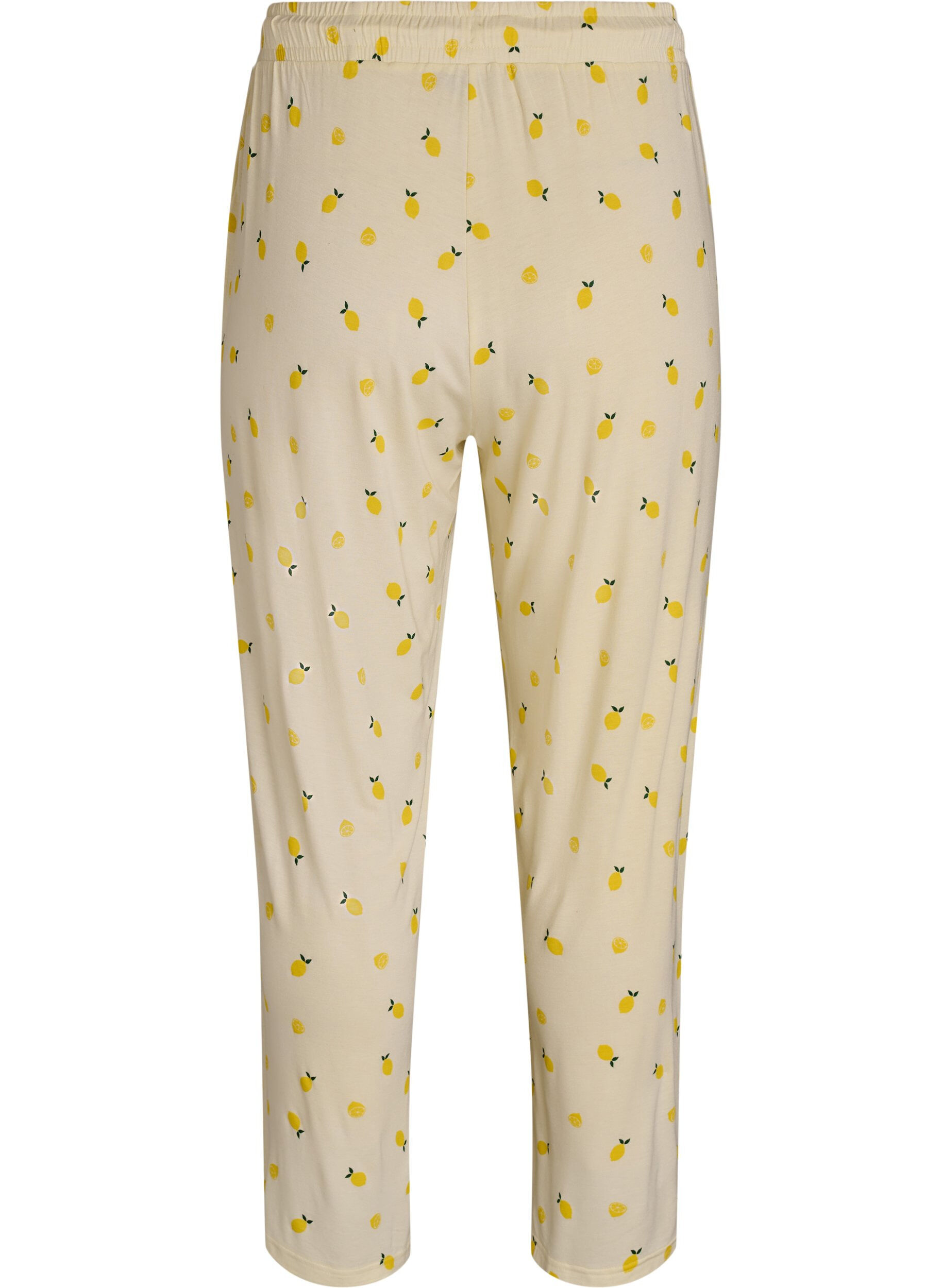 Zizzi Pyjamabroek in zachte jersey met hoge taille en fruitprint, Geel, Packshot image number 1