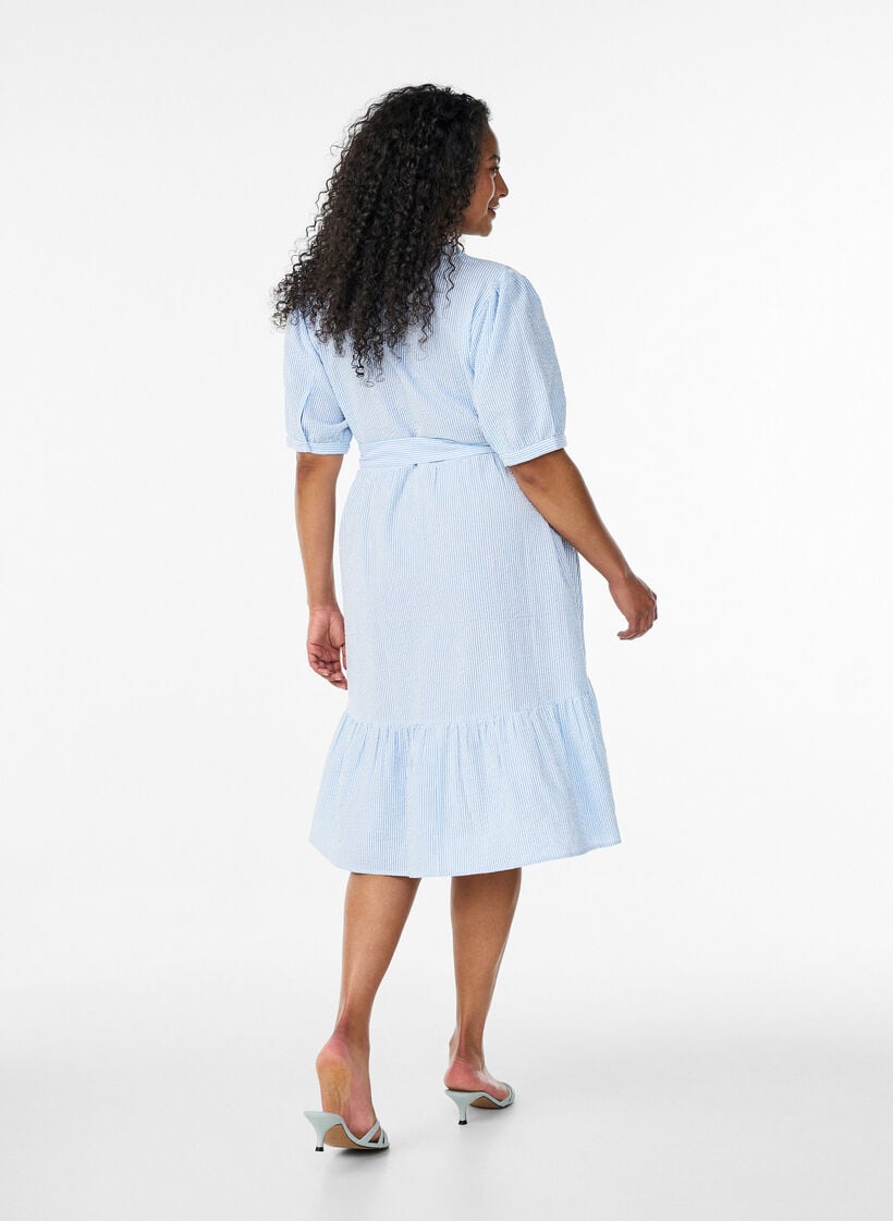 Gestreepte midijurk van katoen met een strikceintuur, Wit, Model image number 2
