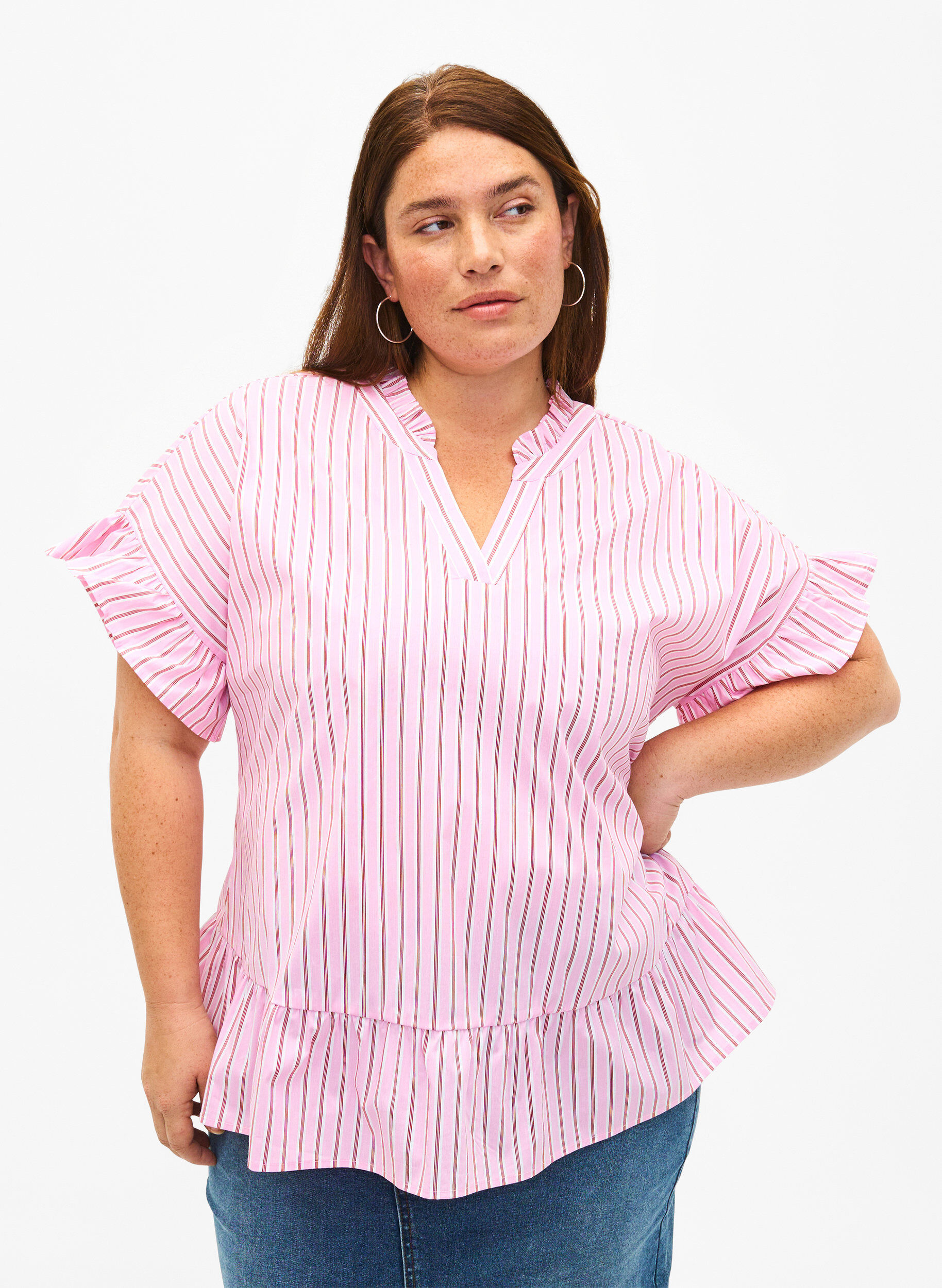 Zizzi Gestreepte blouse met peplum en ruches, Pink Red Stripe, Model image number 0