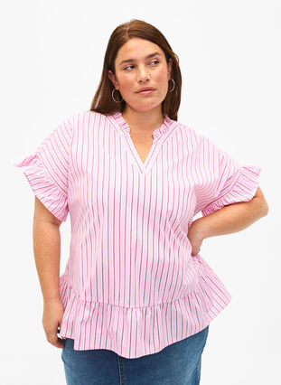 Gestreepte blouse met peplum en ruches, Pink Red Stripe, Model image number 0