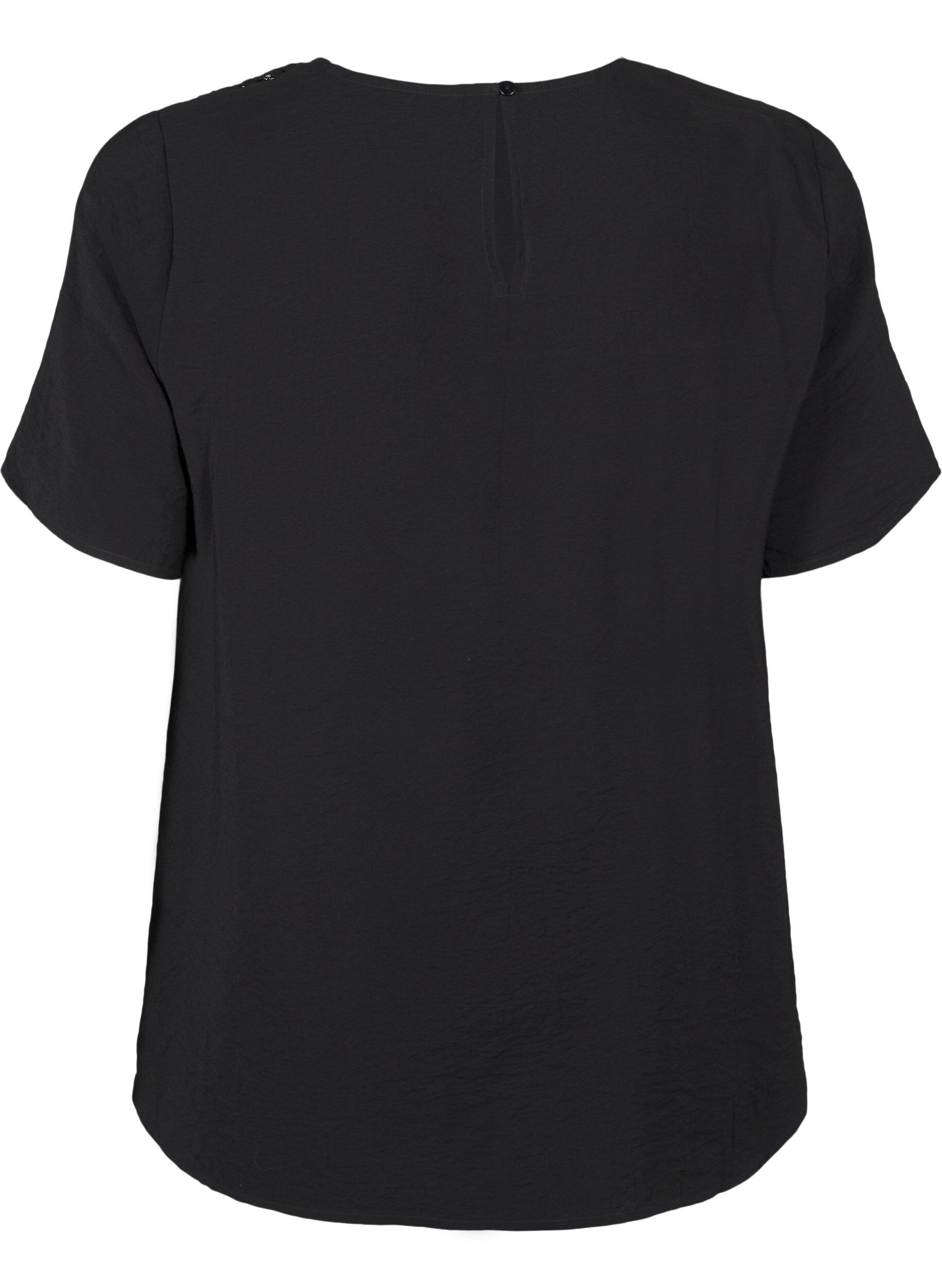 Zizzi Blouse van viscose met korte mouwen en kant detail, Black, Packshot image number 1