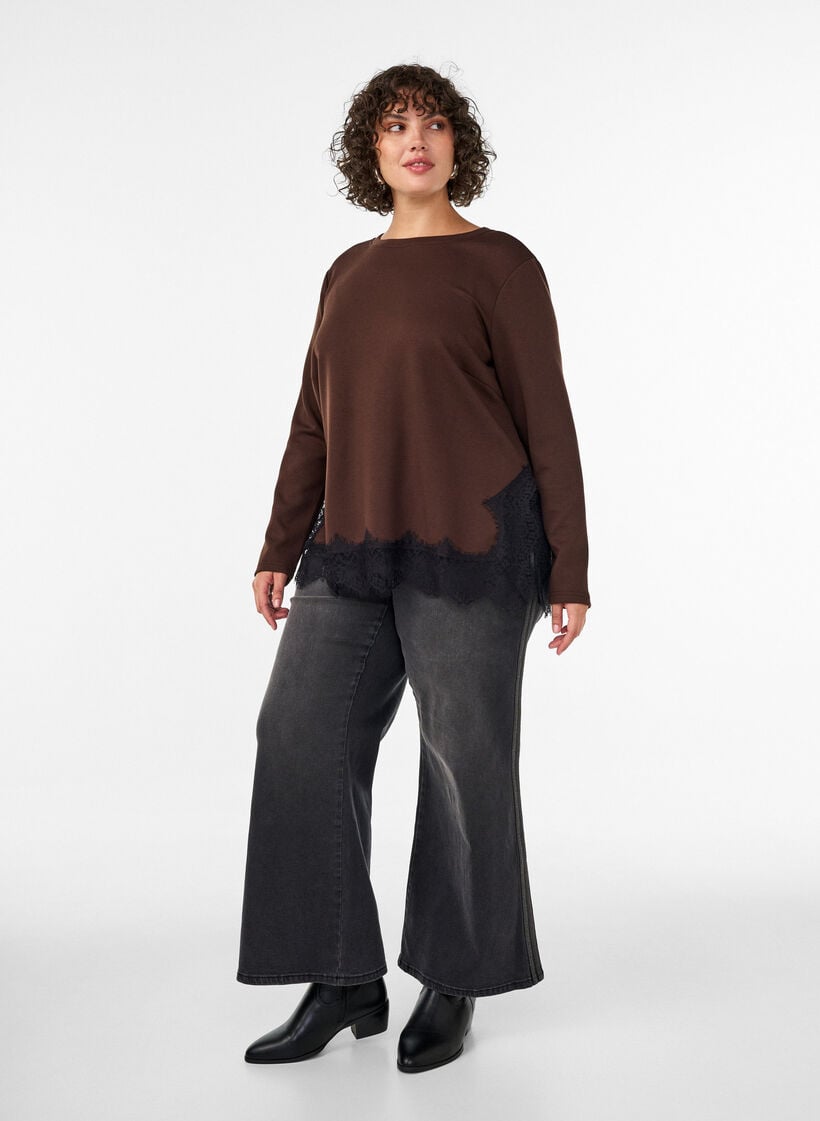 Jersey blouse met kanten rand, Bruin, Model image number 1