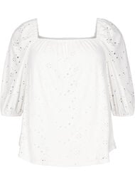 Blouse met korte pofmouwen en een opengewerkt patroon, Wit
