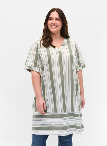 Gestreepte katoenen jurk met korte mouwen, Thyme Stripe, Model image number 0
