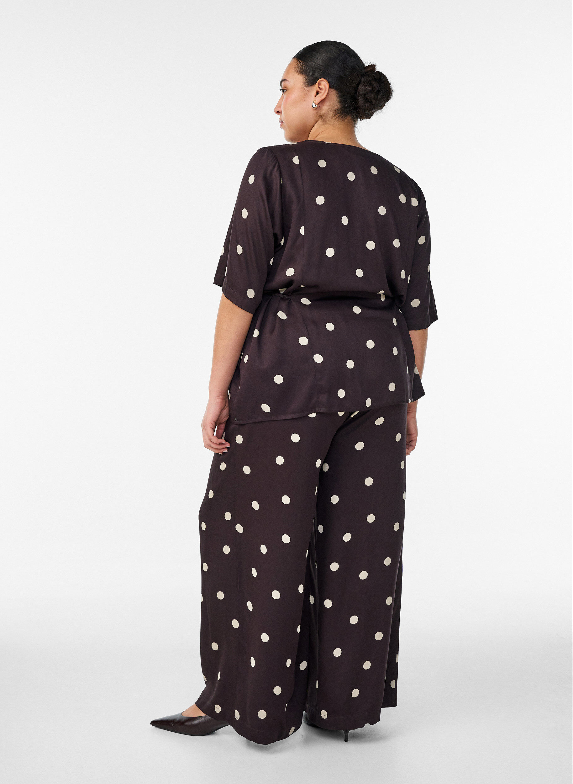 ZizziViscose broek met stippen en wijde pijpen, Bruin, Model image number 2