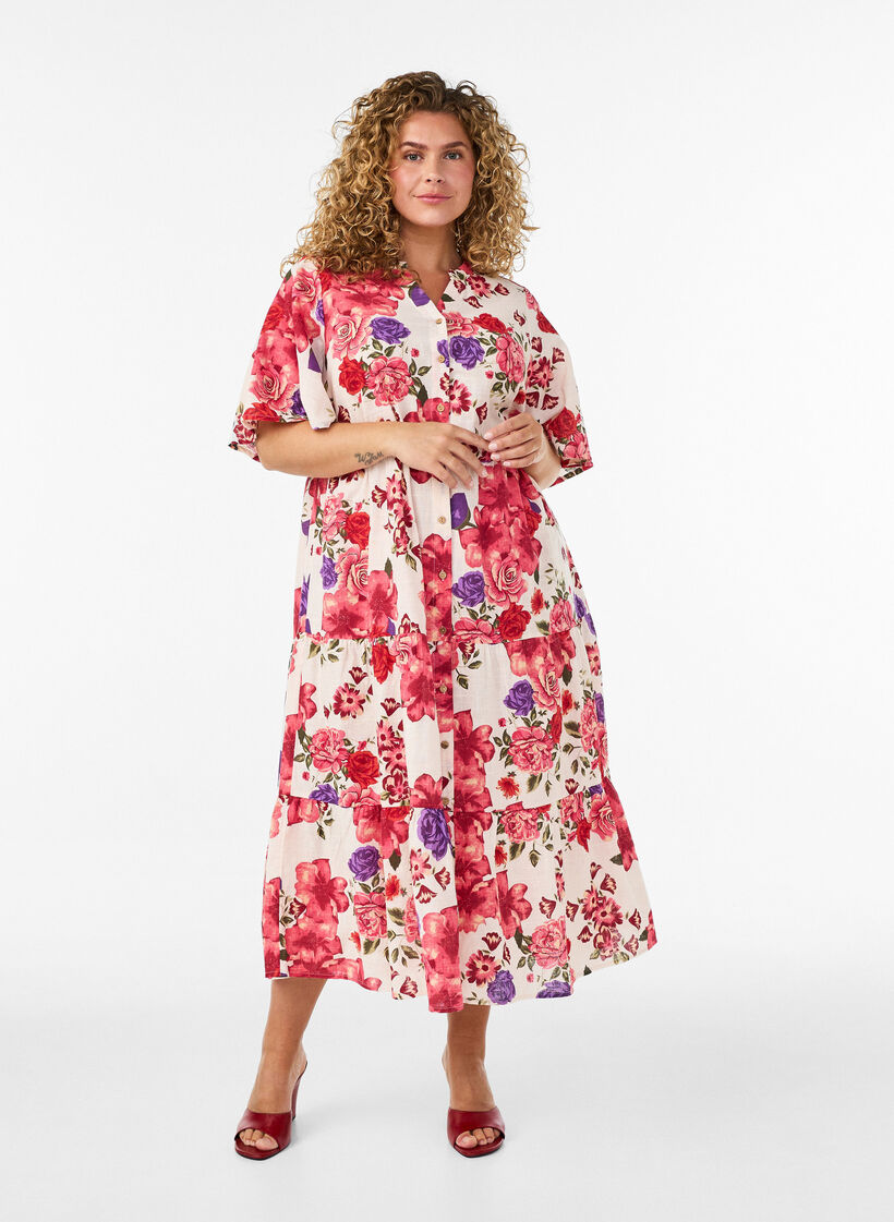 Katoenen midi jurk met bloemenprint, Rood, Model image number 0