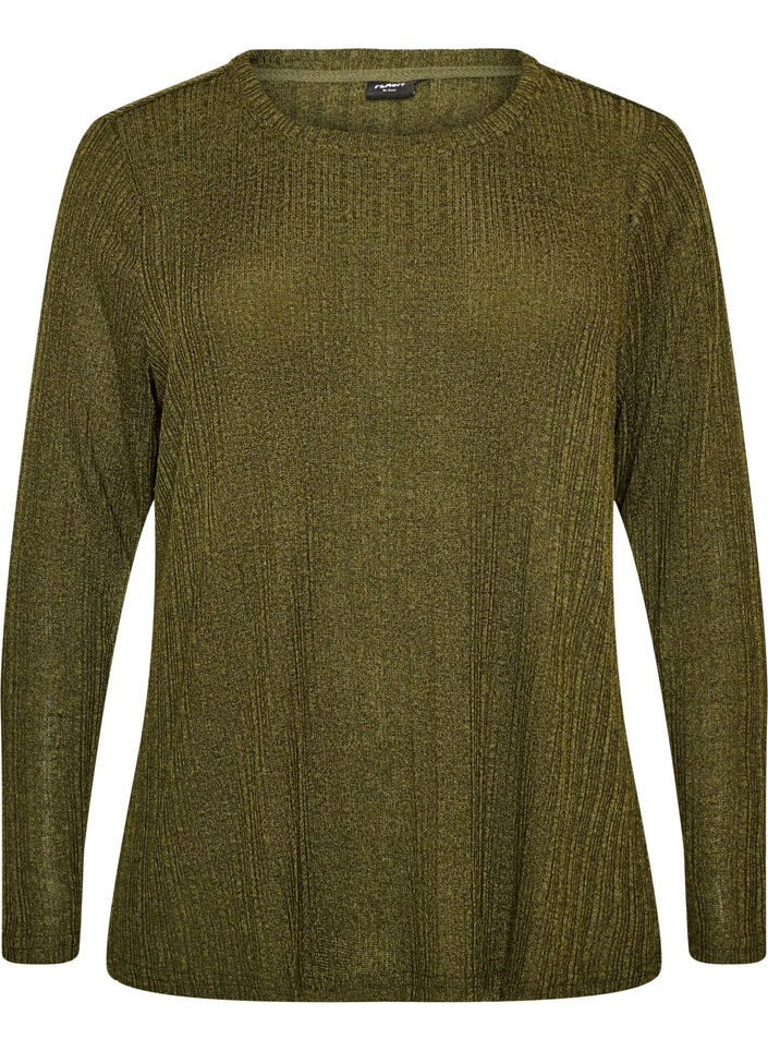 Jersey blouse met geribde structuur en lange mouwen, Groen, Packshot image number 0