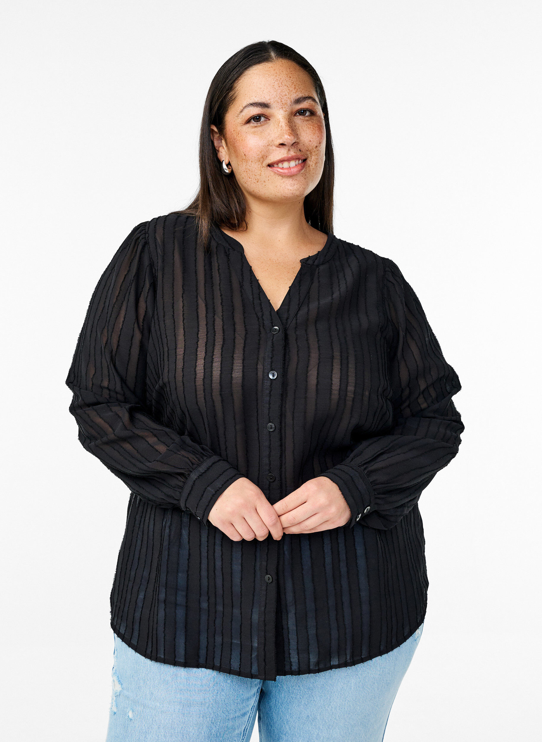 Zizzi Gestreepte blouse met transparante strepen, Zwart, Model image number 0