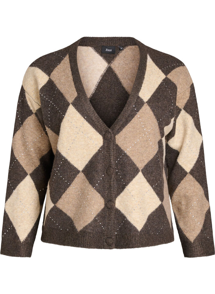 Argyle vest met strass-steentjes, Bruin, Packshot image number 0