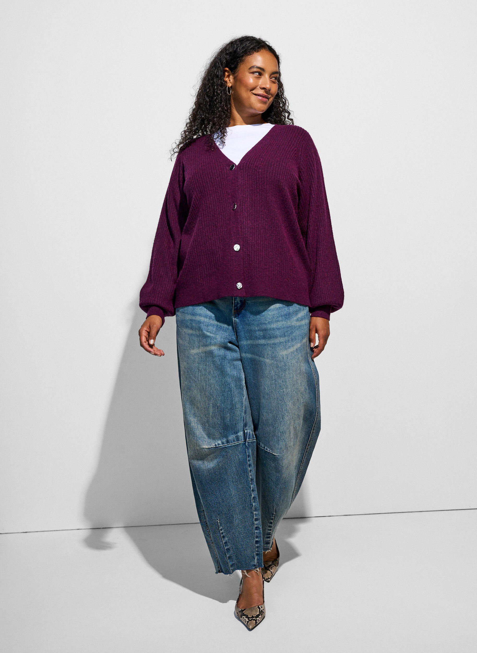 ZizziVest met V-hals en ribstructuur, Paars, Model image number 1