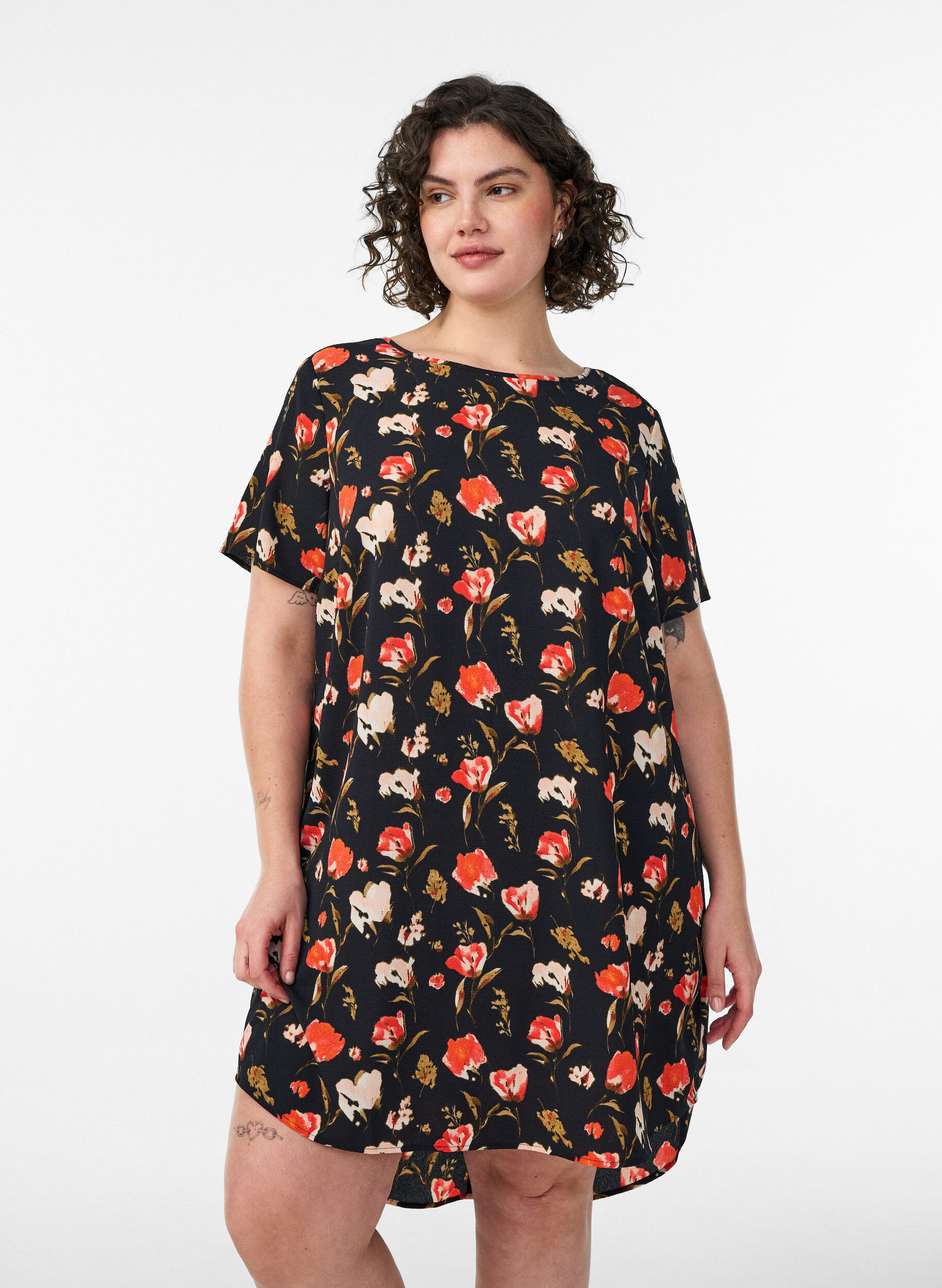 Zizzi Jurk met print en korte mouwen, Zwart, Model image number 0