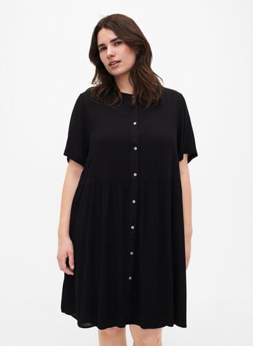 A-lijn viscose jurk met korte mouwen, Black, Model image number 0
