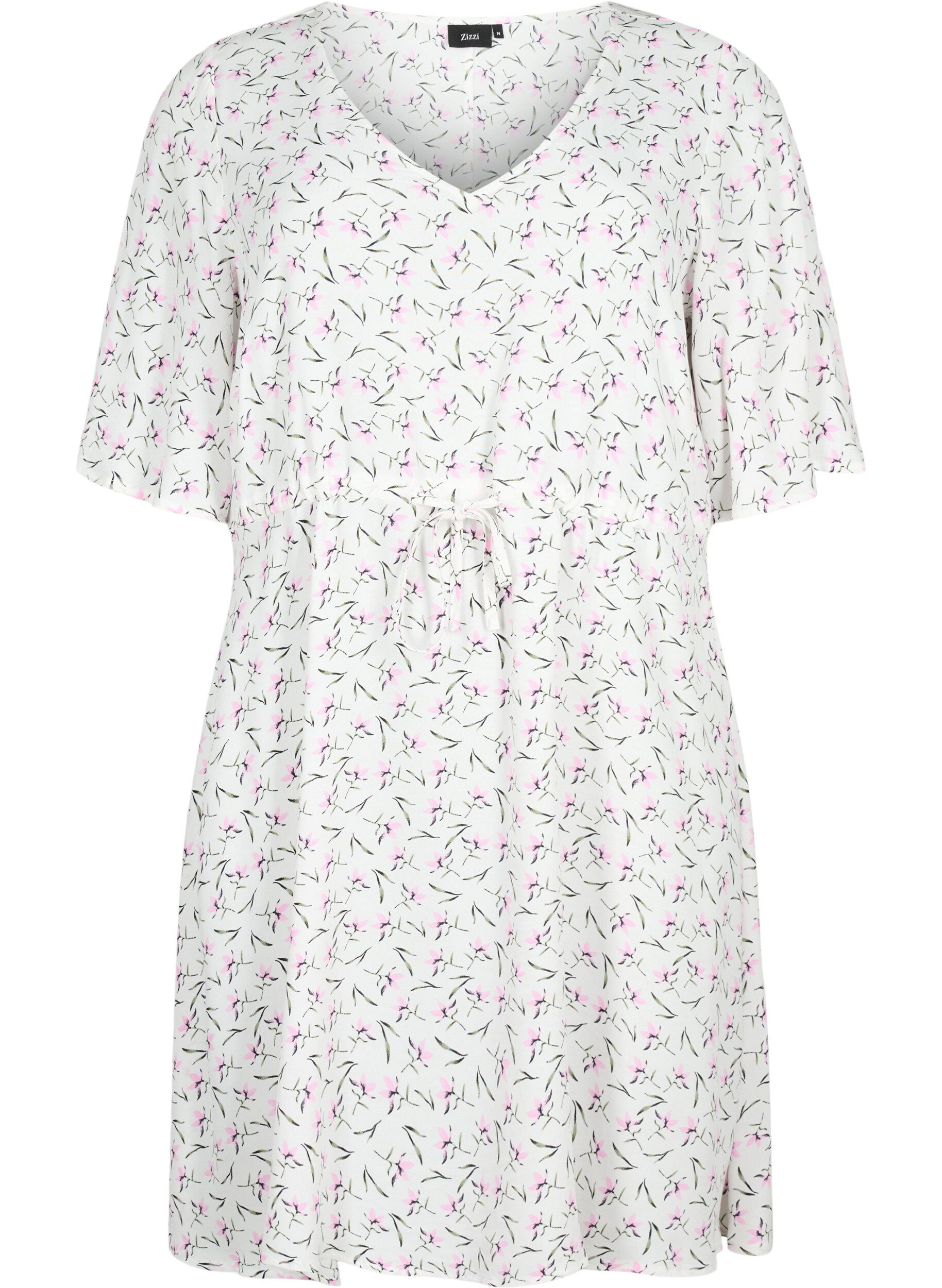 ZizziJurk met 1/2 mouw met bloemenprint in viscose, White Purple Flower, Packshot image number 0