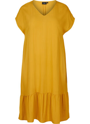 Viscose jurk met korte mouwen en v-hals, Harvest Gold, Packshot image number 0