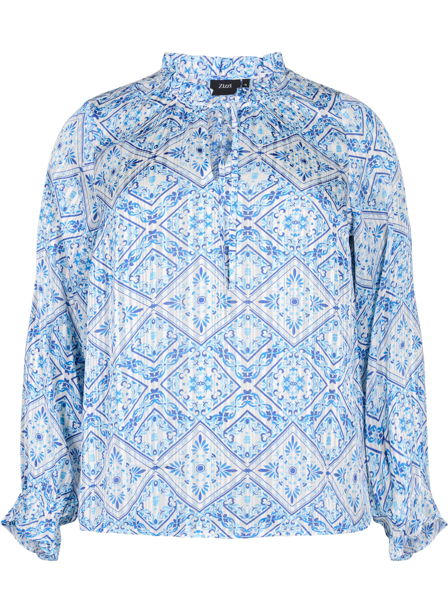 Zizzi Blouse met lange mouwen, ruches en print, Beige, Packshot image number 0