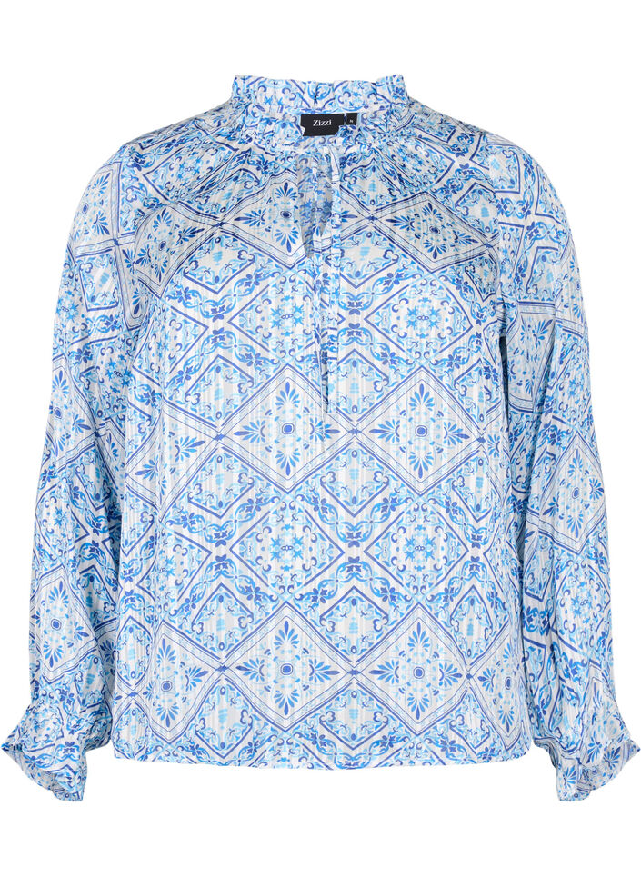 Blouse met lange mouwen, ruches en print, Beige, Packshot image number 0