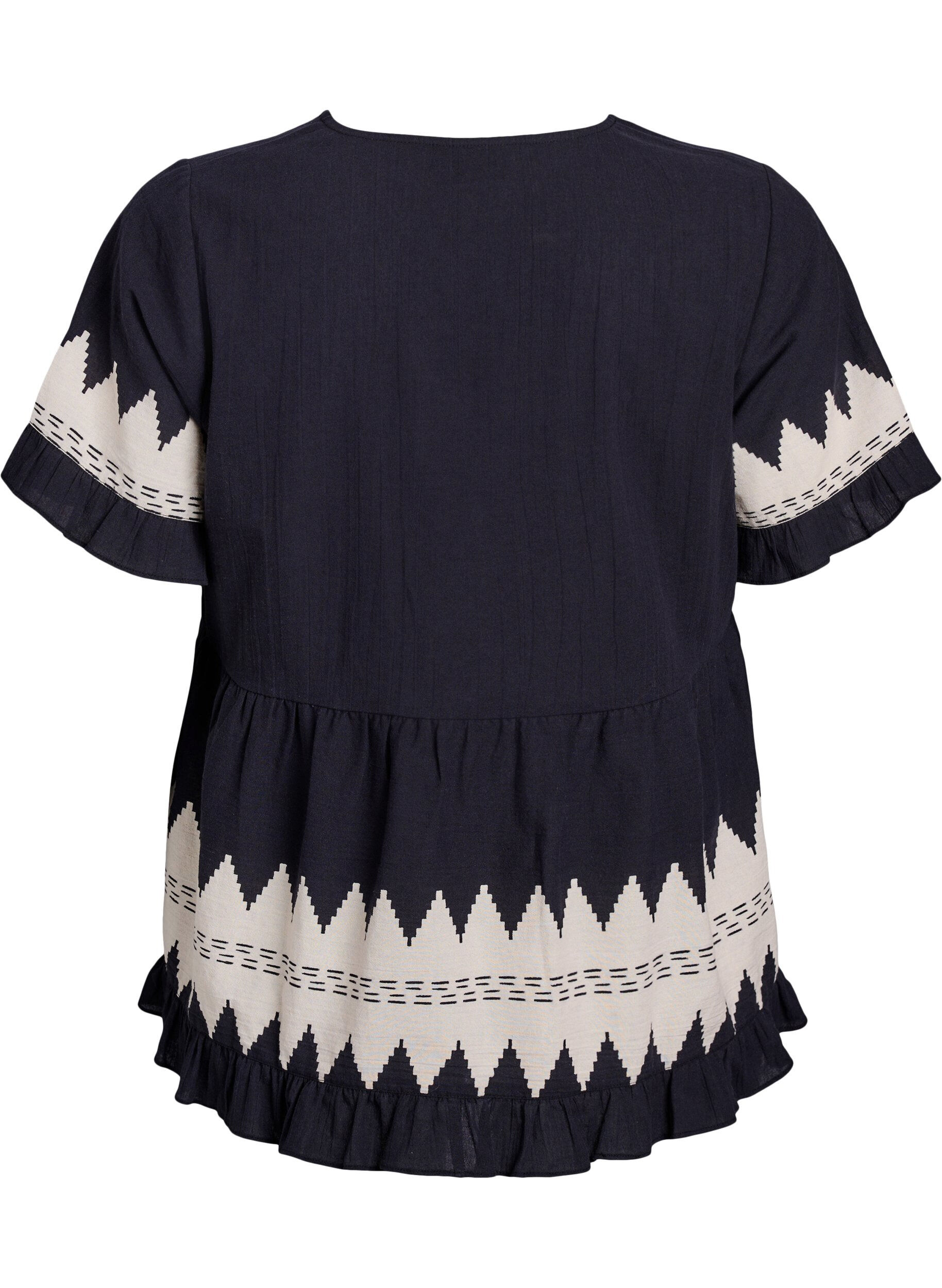 Zizzi Blouse met korte mouwen, ruches en grafisch patroon, Zwart, Packshot image number 1
