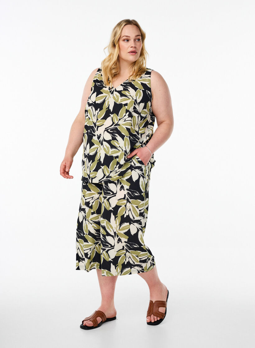 Top met print en V-hals, Zwart, Model image number 1