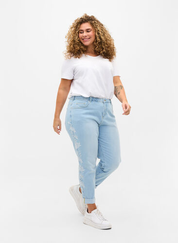 Cropped Mille jeans met borduursel, Light blue denim, Model image number 0