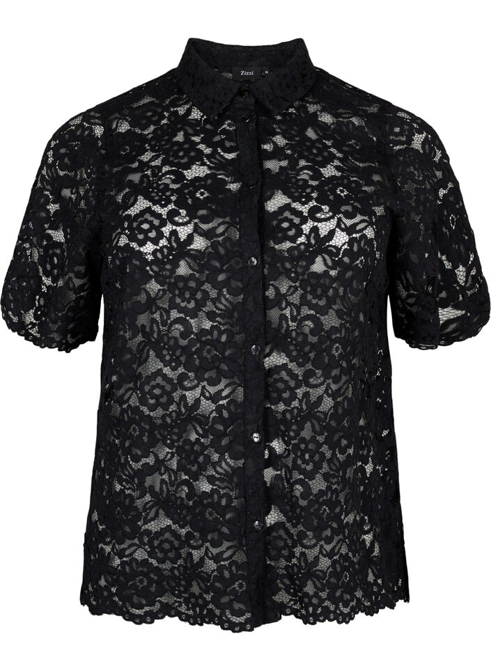 Kanten shirt met korte mouwen, Black, Packshot image number 0