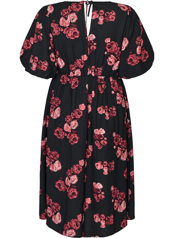 Midi-jurk met rozenprint en korte ballonmouwen, Zwart, Packshot image number 1