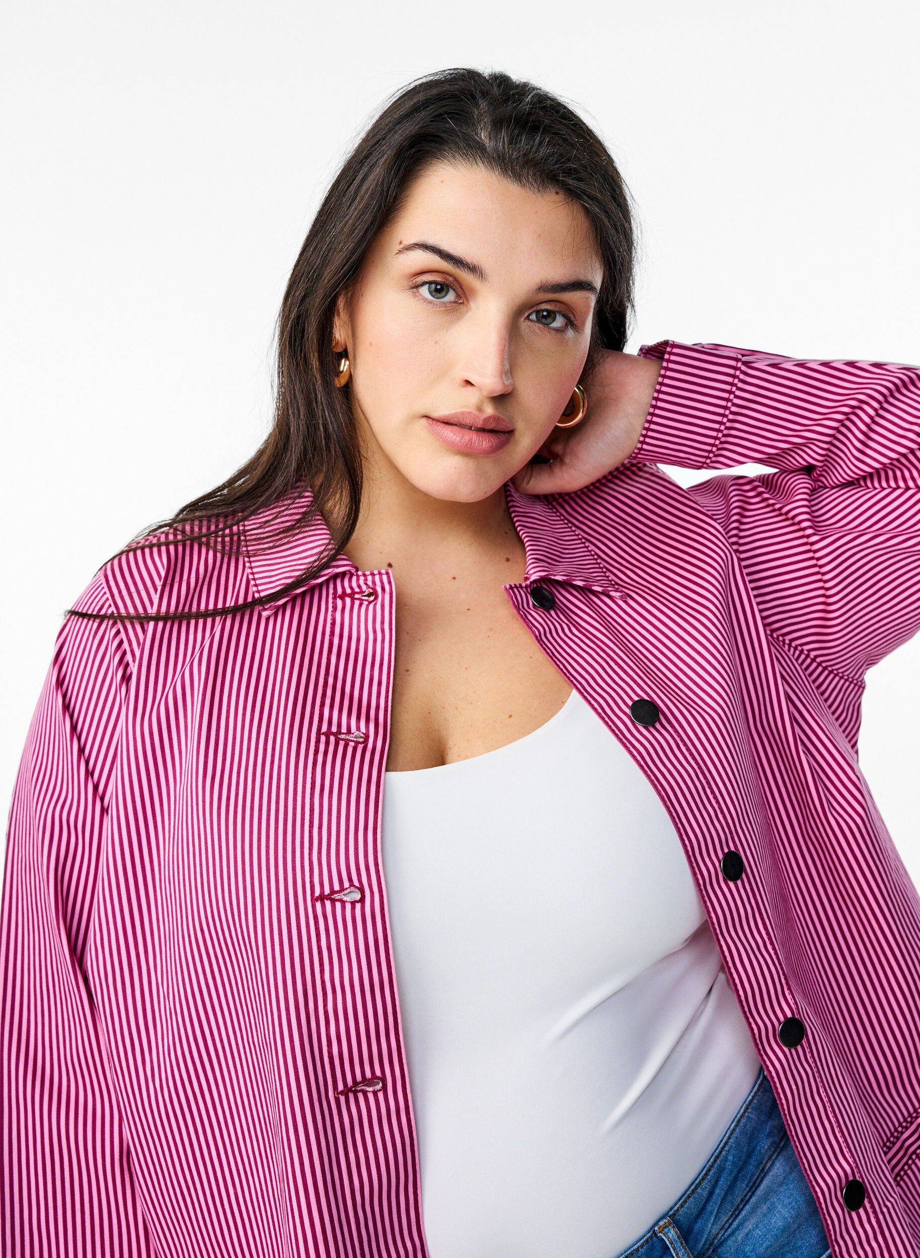 Zizzi Gestreept shirt met zakken, Rood, Model image number 3