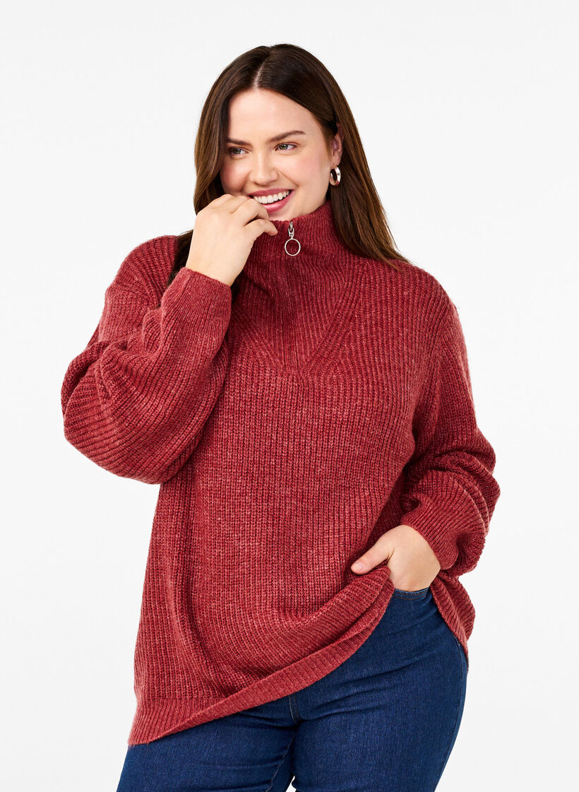 Gebreide trui met hoge hals en rits, Rood, Model image number 0