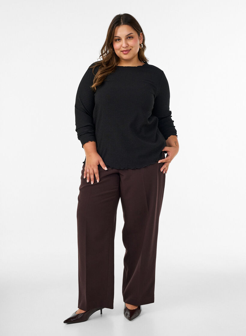 Blouse met structuur en golvende randen, Zwart, Model image number 1