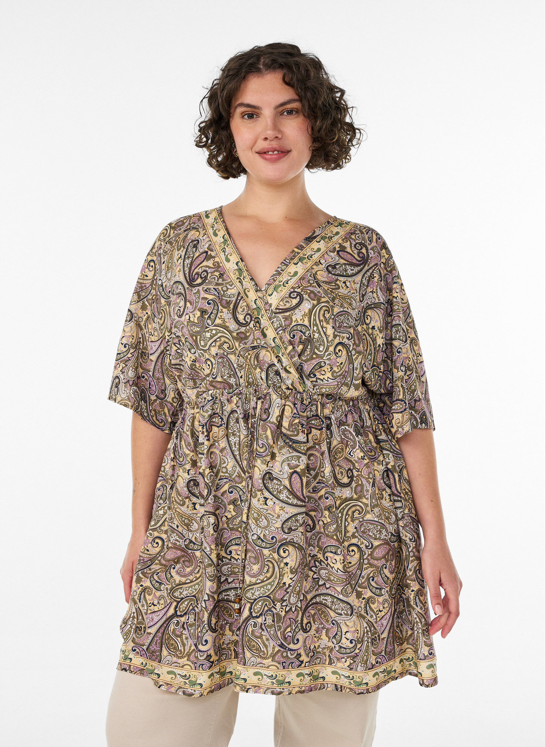 ZizziViscose tuniek met paisleyprint en aantrekkoord, Geel, Model image number 0