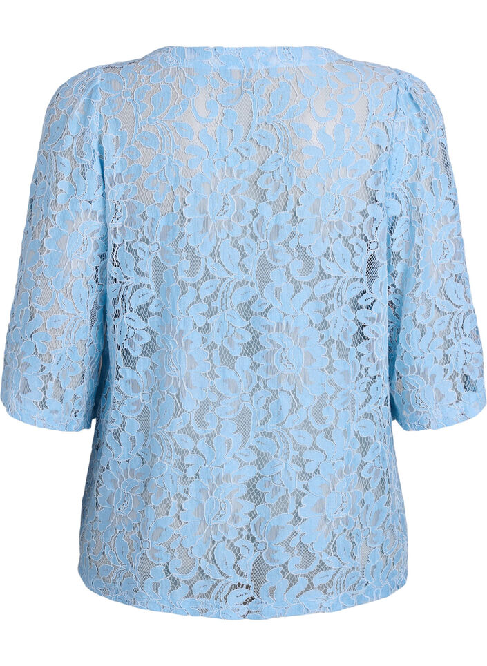 Kanten blouse met korte mouwen en V-hals, Blauw, Packshot image number 1