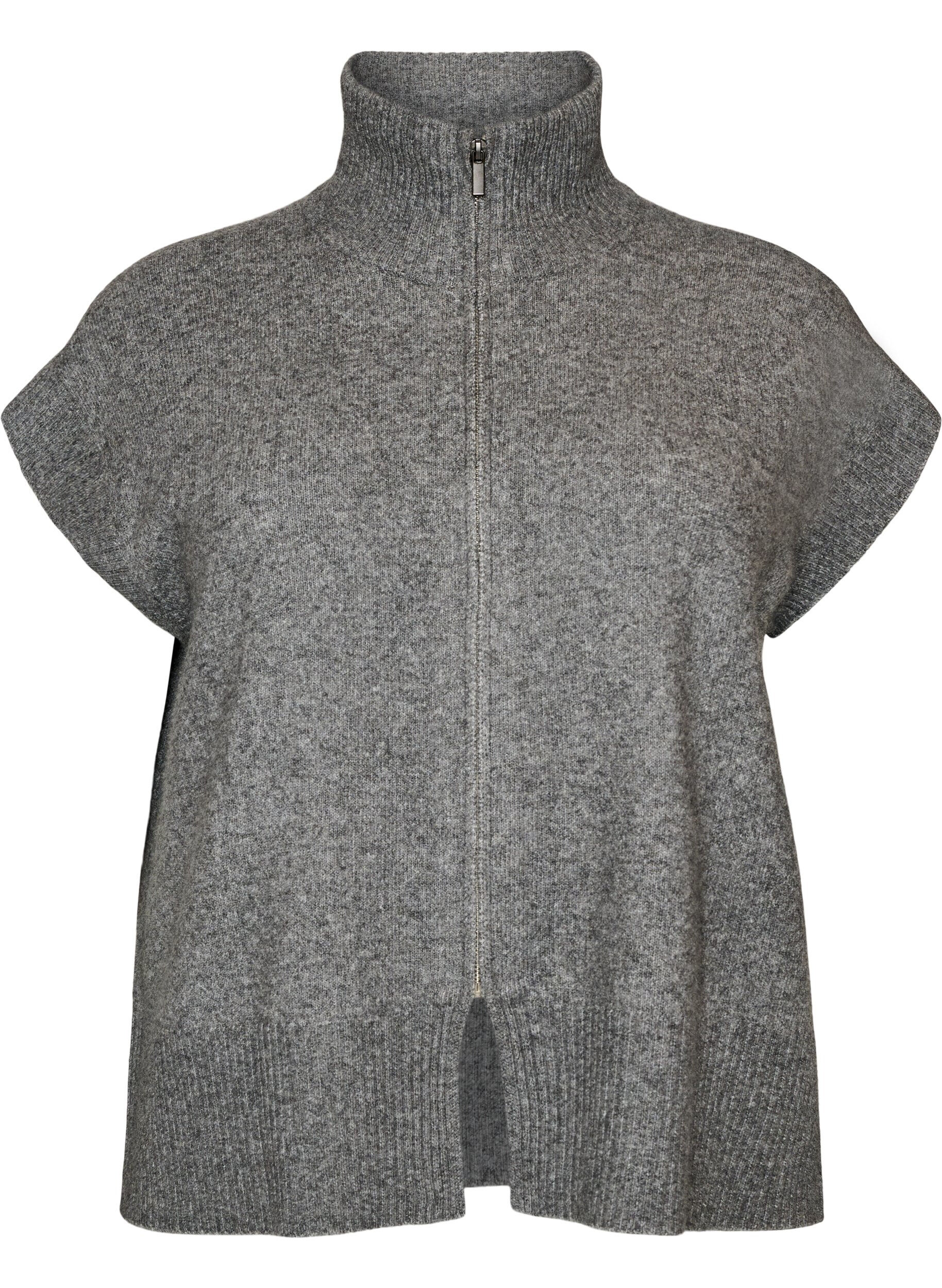 ZizziGebreid gilet met hoge kraag en rits, Grijs, Packshot image number 0