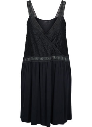 Pyjama jurk in viscose met kant, Black, Packshot image number 0