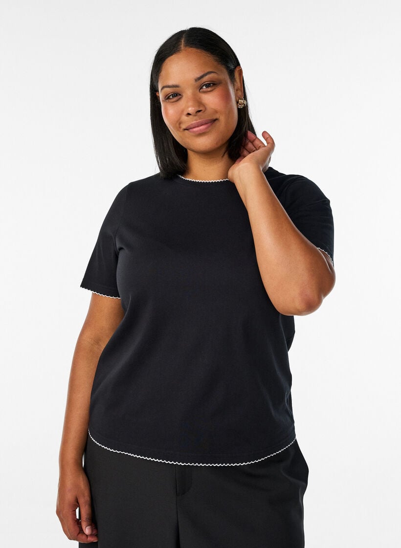 Katoenen T-shirt met golvende contrasterende randen, Zwart, Model image number 0