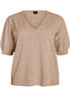 Gebreide blouse met korte mouwen en pointellepatroon, Beige, Packshot image number 0