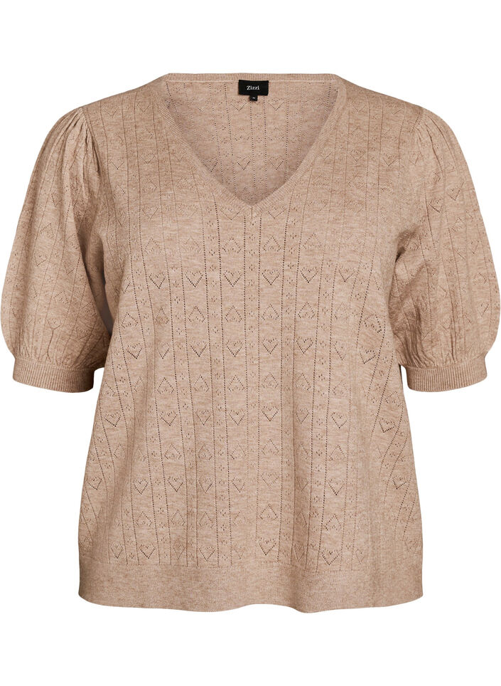 Gebreide blouse met korte mouwen en pointellepatroon, Beige, Packshot image number 0