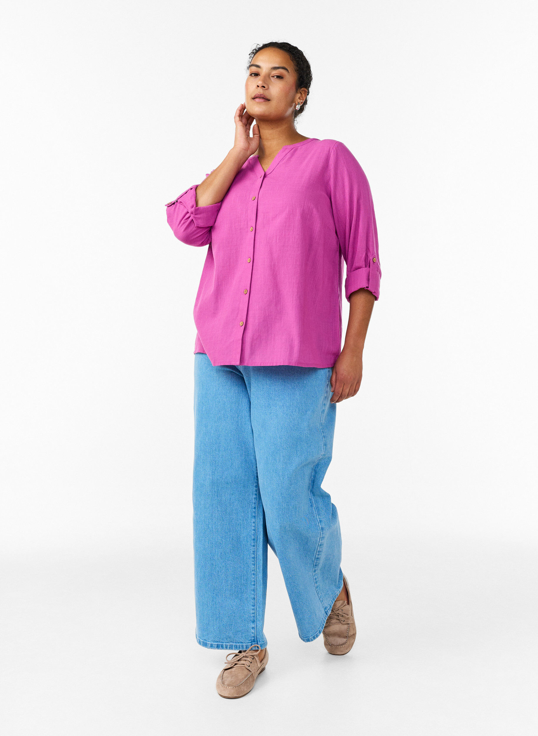 Zizzi Katoenen blouse met V-hals, Roze, Model image number 1