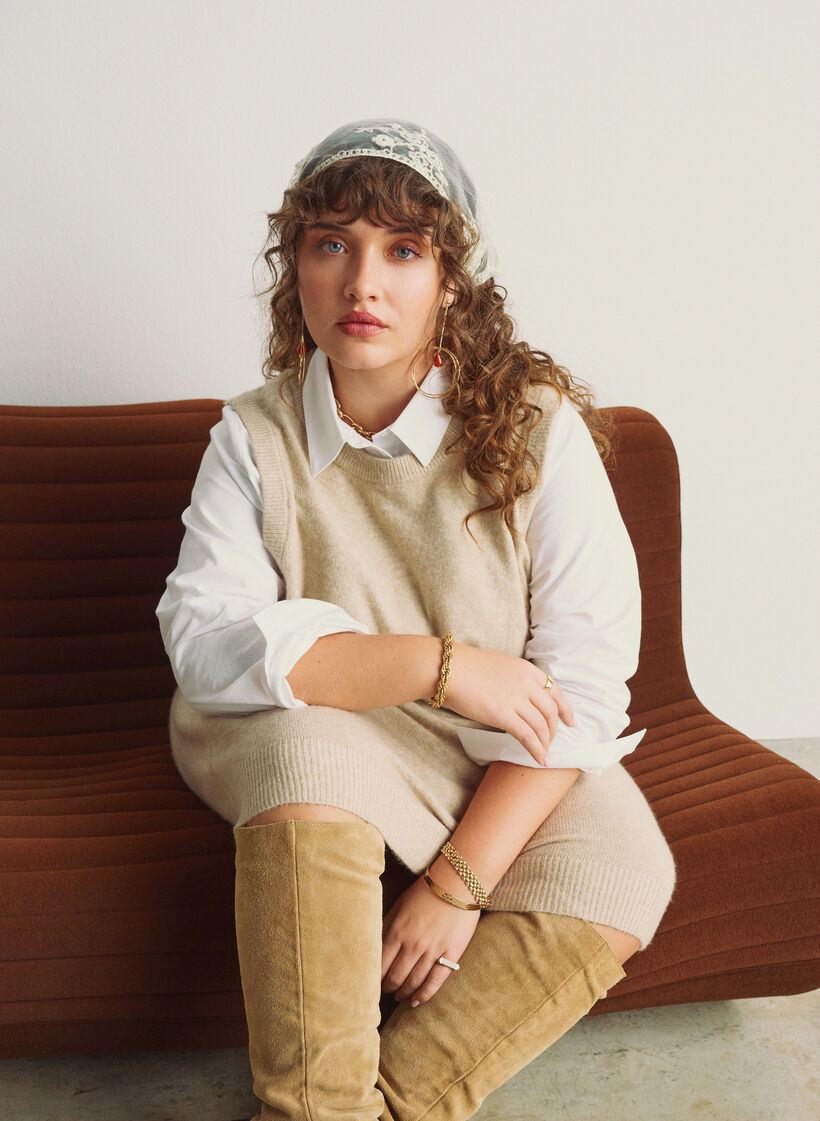 Driehoekige kanten sjaal, Beige, Image