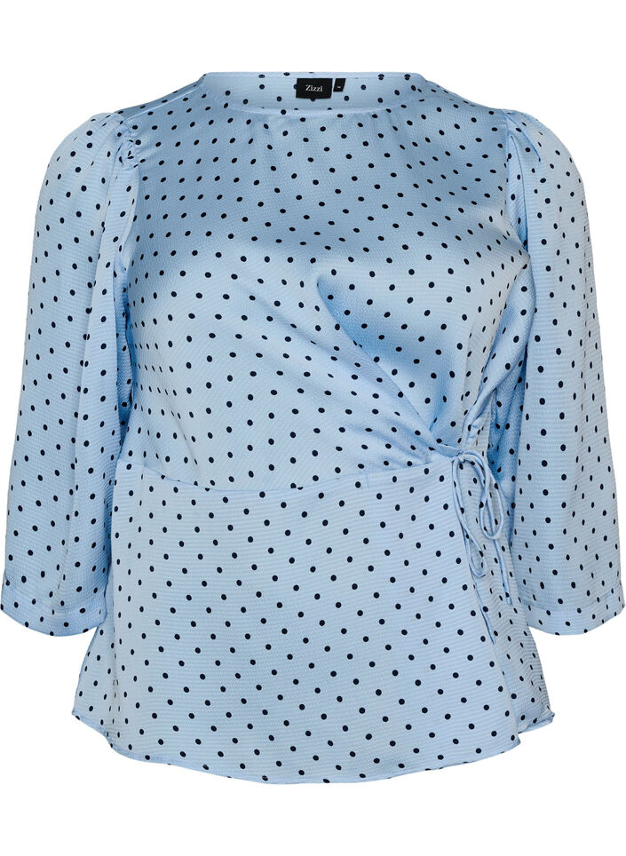 Blouse met stippen, striksluiting en 3/4-mouwen, Blauw, Packshot image number 0