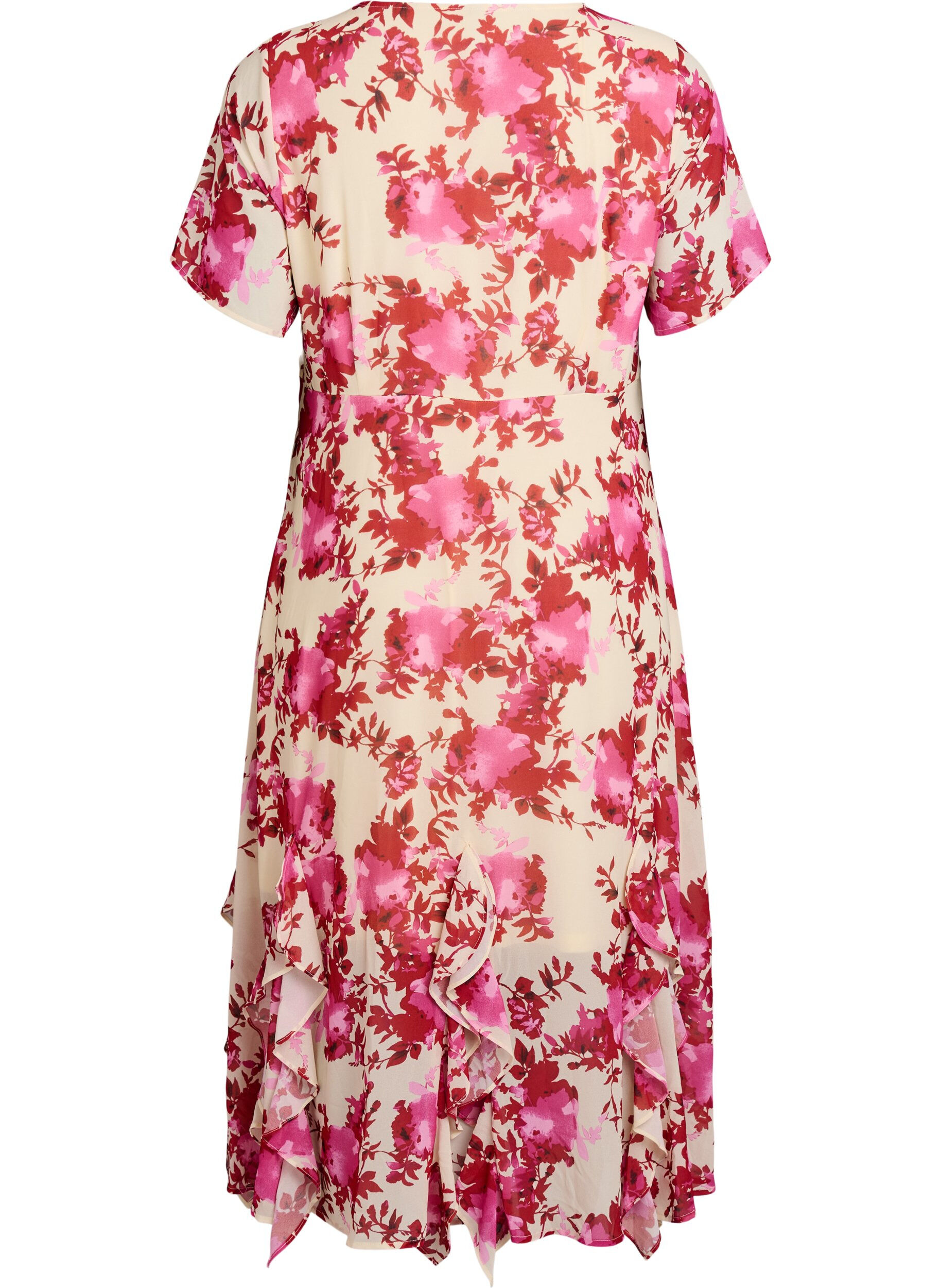 Zizzi Bloemenprint chiffon jurk met ruches en een V-hals, 9990, Packshot image number 1