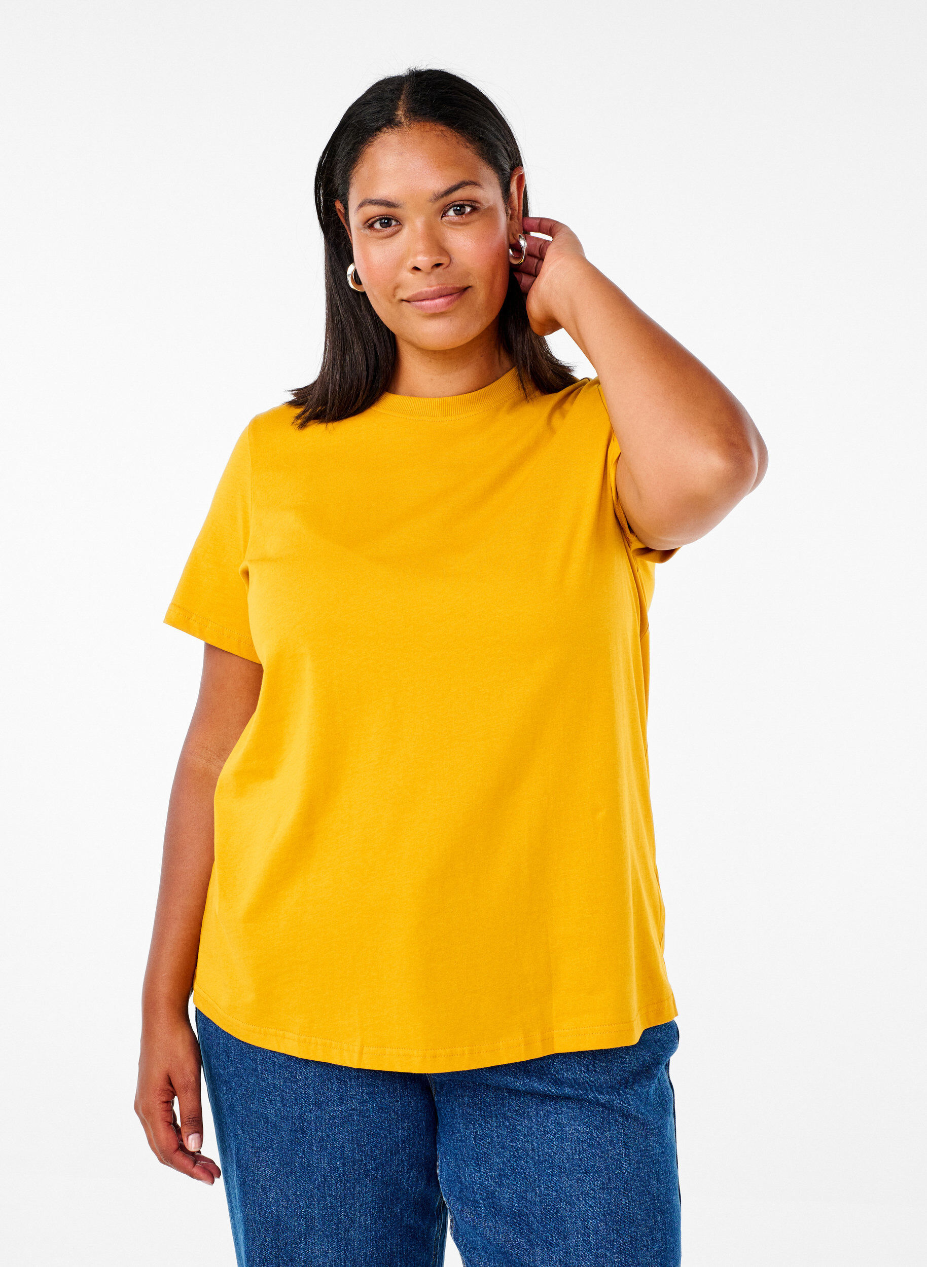 Basic katoenen T-shirt met ronde hals, Geel, Model