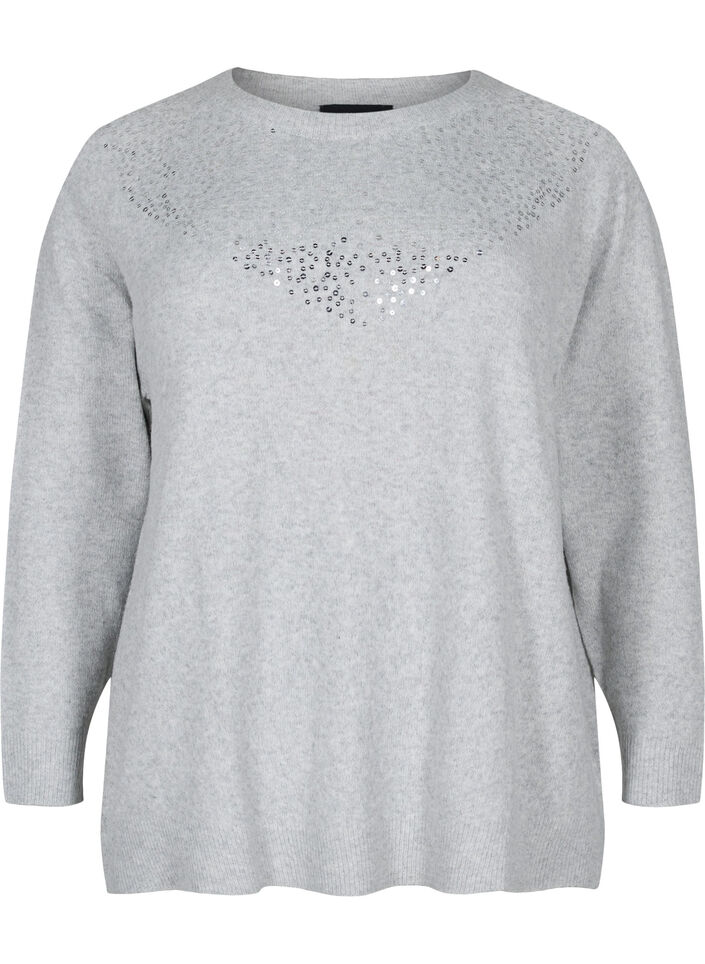 Gemêleerd gebreide blouse met pailletten, Light Grey Melange, Packshot image number 0