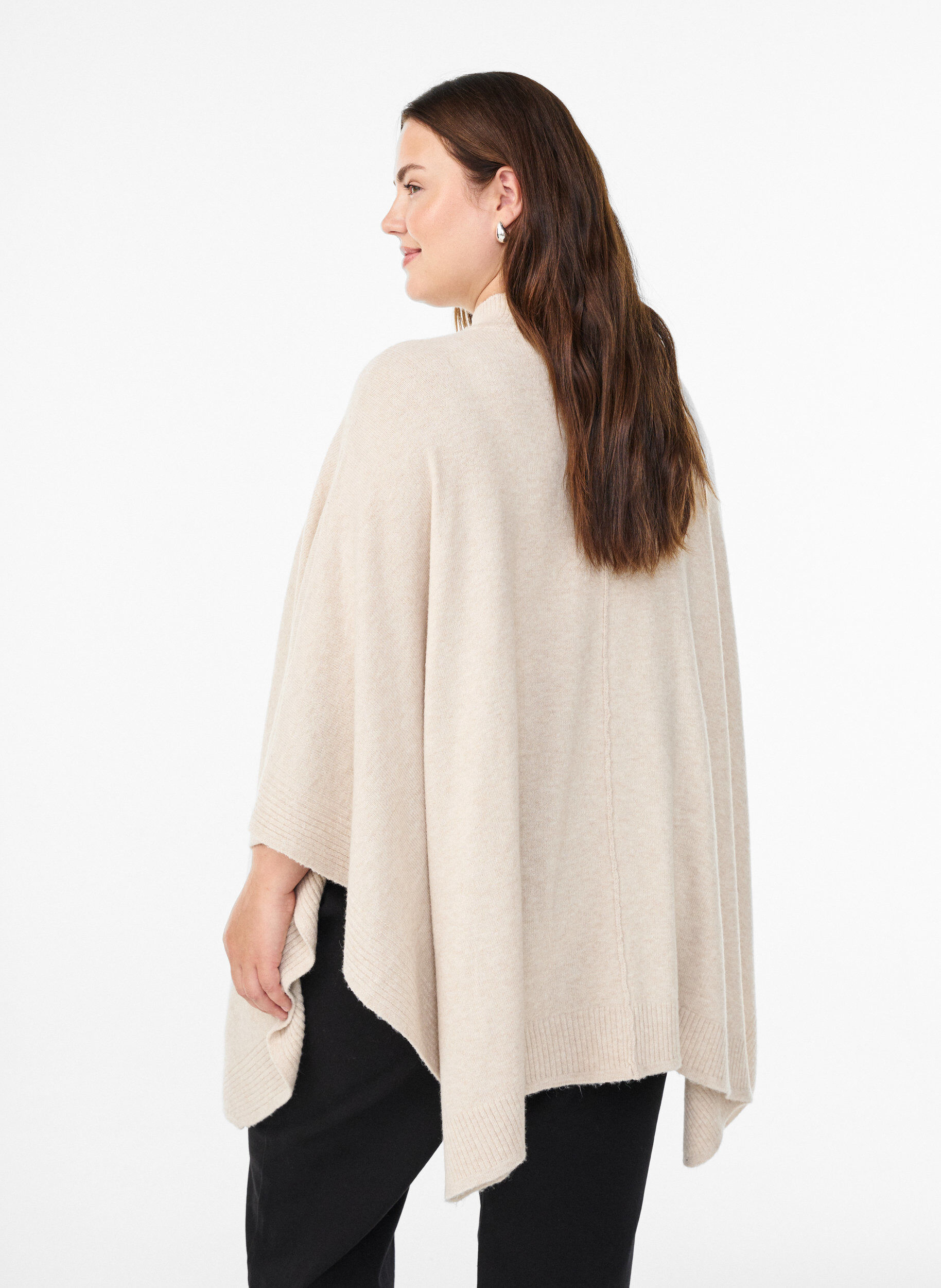 Zizzi Poncho met geribde details en een ronde hals, Beige, Model image number 2