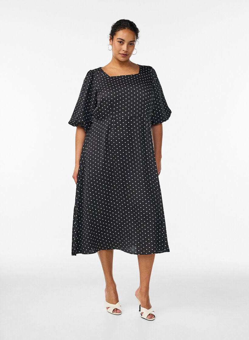 Polkadot midi-jurk met vierkante halslijn, Zwart, Model image number 0