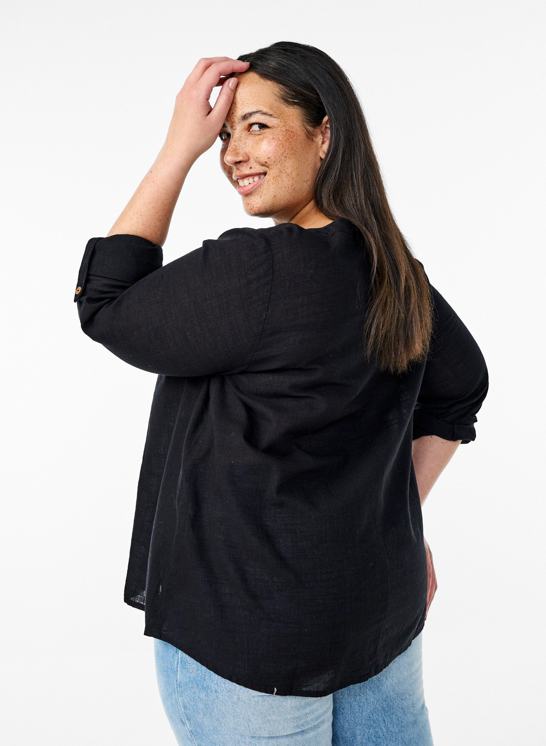 ZizziKatoenen blouse met een V-hals, Zwart, Model image number 2
