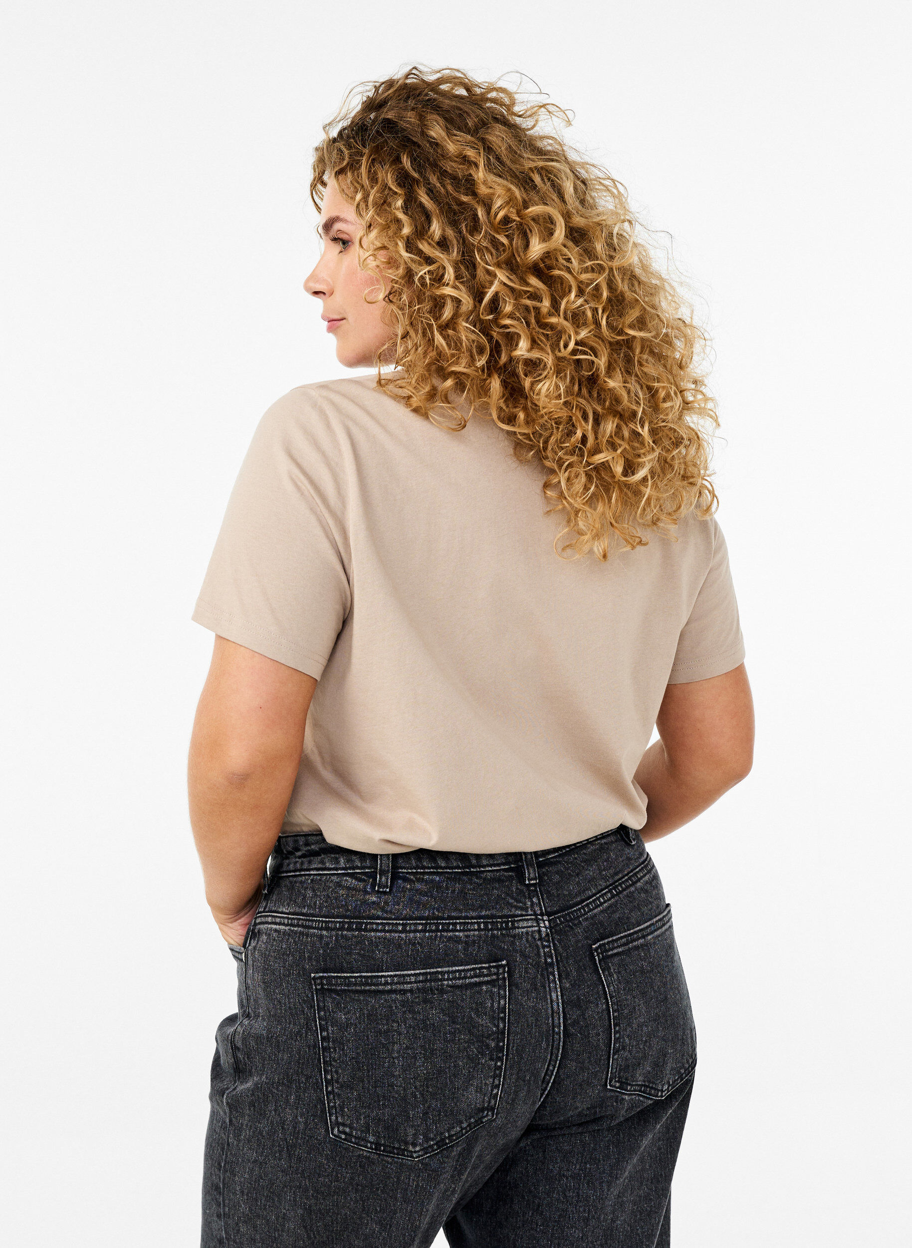 Zizzi Basic katoenen T-shirt met ronde hals, Beige, Model image number 2