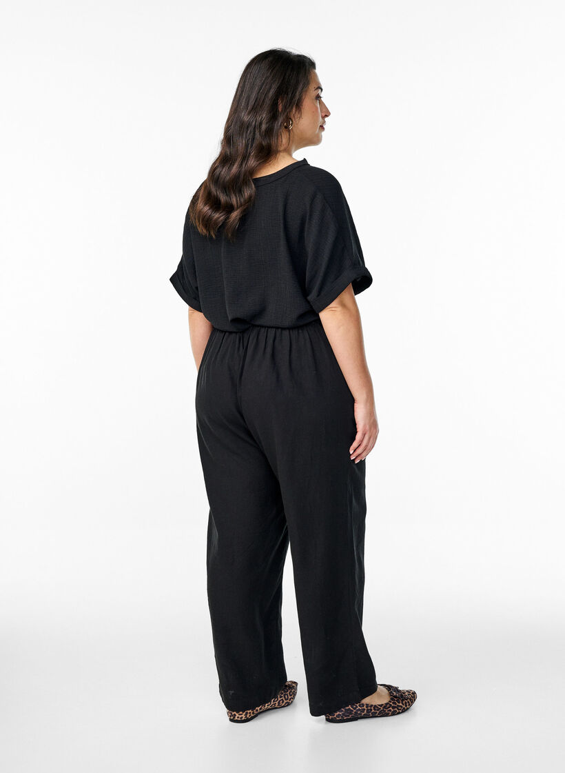 Linnen en viscose broek met losse pasvorm, Zwart, Model image number 1