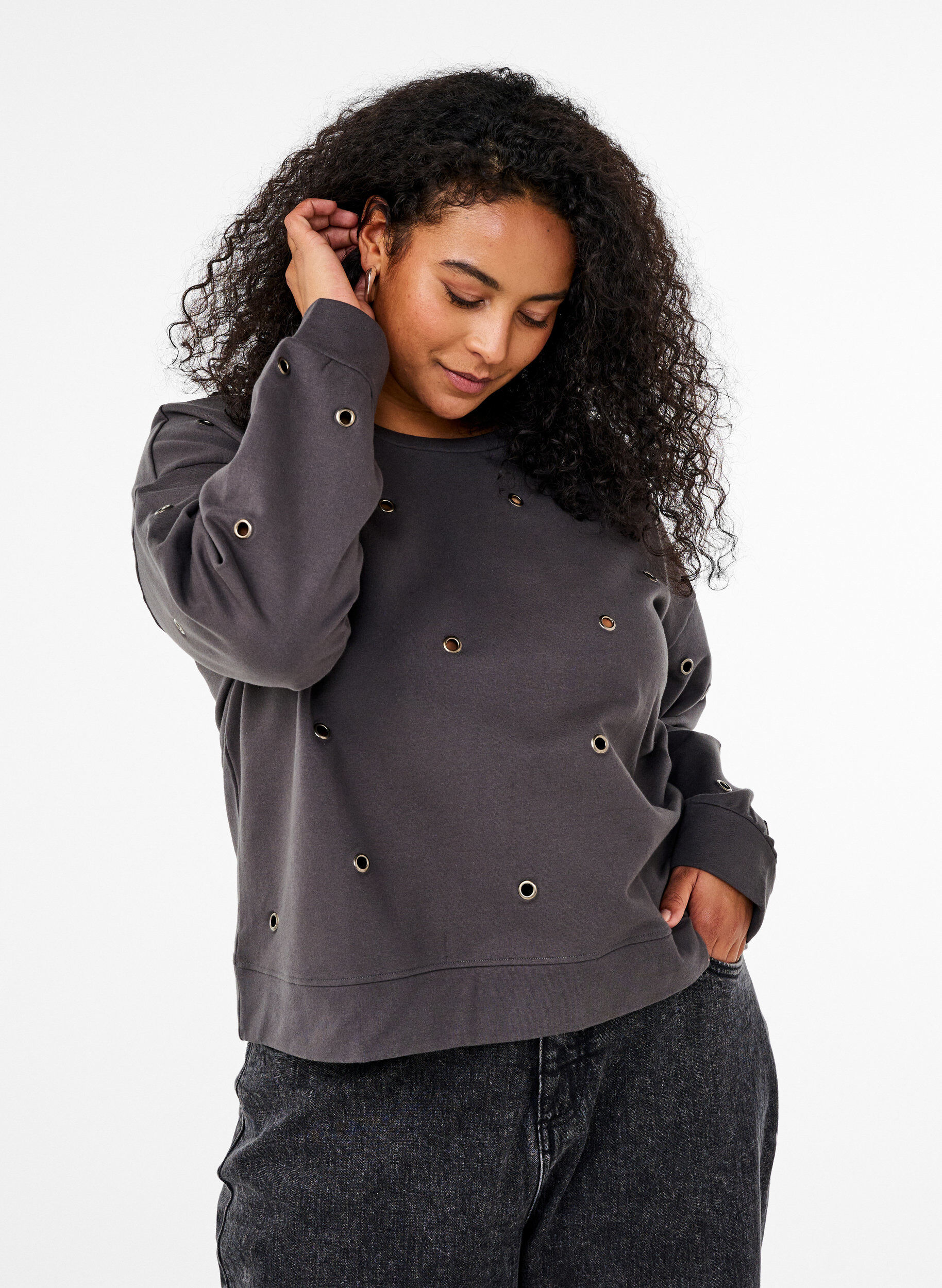 Zizzi Sweatshirt met oogjes, Grijs, Model image number 0