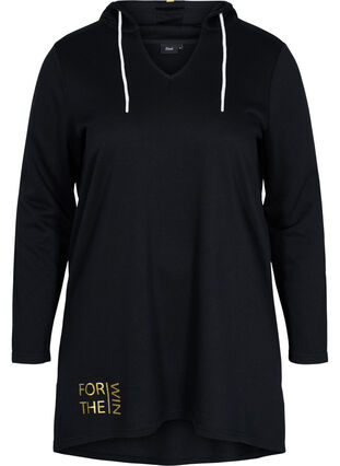 Lang sweatshirt met v-hals en capuchon, Black, Packshot image number 0